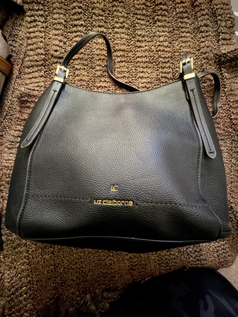Liz Claiborne Black Pebbled Leather Hobo Shoulder Bag with Gold Accents